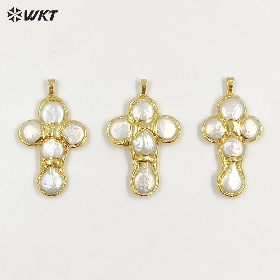 WT-JP421 Wholesale Back Full Gold Electroplated Round Natural Freshwater Pearls Cross Shape Pendant For Women Luxury Jewelry DIY
