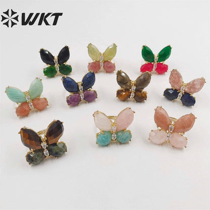 WT-R464 Amazing Natural Gemstone Carved Stone Ring Gorgeous Women Gold Plated Hand Carved Fashion Butterfly Ring