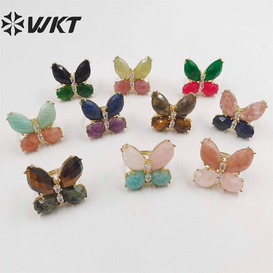 WT-R464 Amazing Natural Gemstone Carved Stone Ring Gorgeous Women Gold Plated Hand Carved Fashion Butterfly Ring