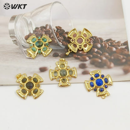 WT-MP318 Wholesale Amazing Gold Plated Zircon and Natural Labradorite Lapis Gemstones Cross Pendants For Luxury Jewelry Making