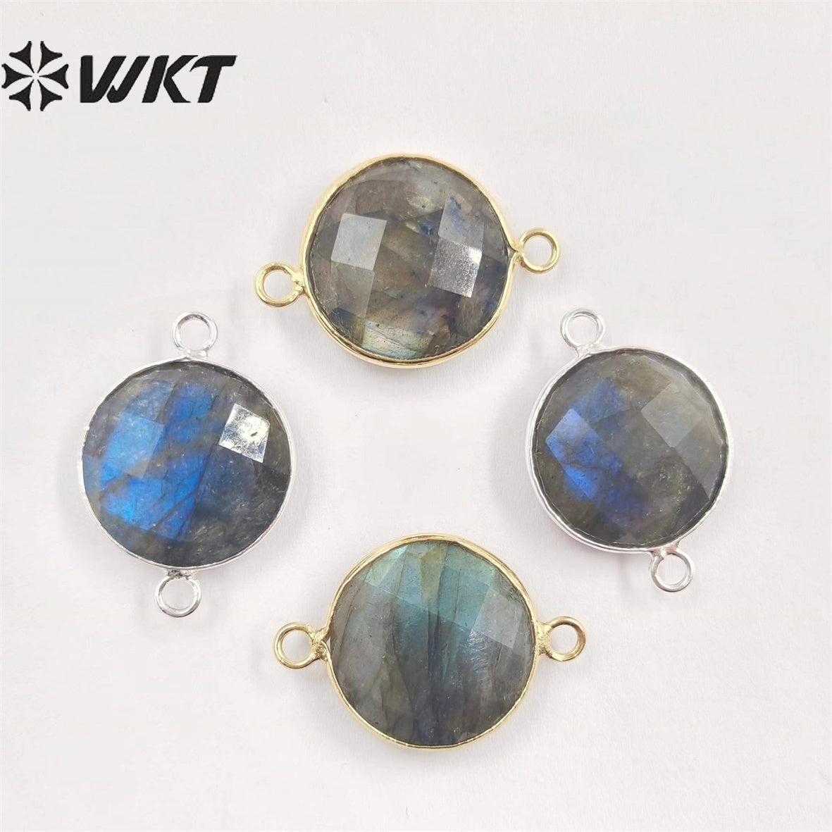 WT-C118 Wholesale Sparkly Tiny Labradorite Charm Connectors ,Lovely Round Natural Labradorite With Gold Plated Jewelry Findings