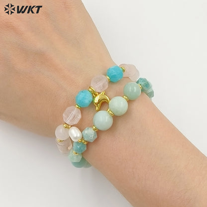 WT-B712 Beautiful Natural Gemstones Beads With Little Pearl And Shell Star Charms Gold Bracelets As Fashion Jewelry Accessory