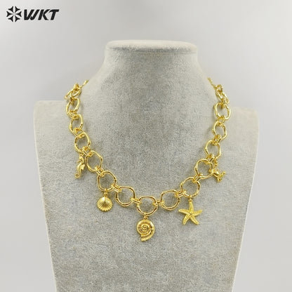 WT-JFN45 Summer Popular Yellow Brass 18K Gold Plated Big Circle Chain With Multi Little Charms Necklace For Cool Girls Jewelry