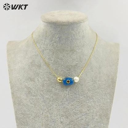 WT-N1541 Elegant Trendy Style Gold Electroplated Tiny Chain With Natural Gemstone And Pearl Pendant Necklace For Daily Wearing