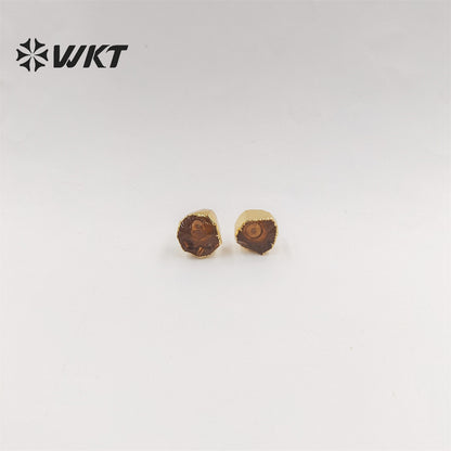 WKT-E673 Women Vintage Bohemian Raw Stone Studs Without Polish Fashion Gold Plated Hand Cut Original Rose Quartz Stone Studs