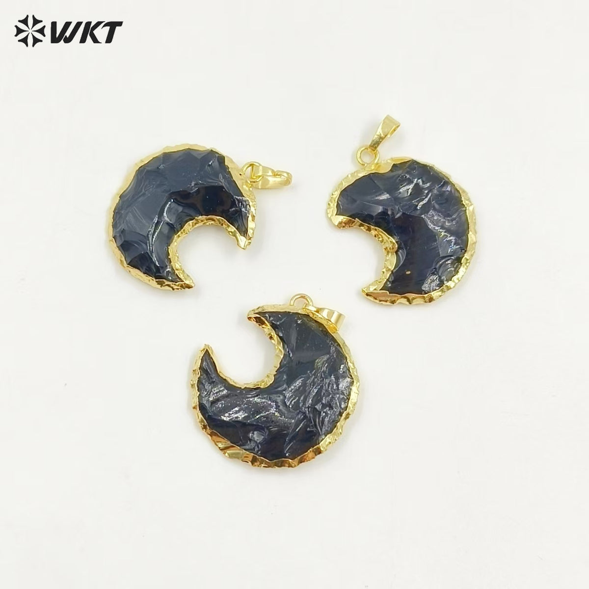 WT-P1322 Natural Stone Obsidian with Gold Plated on Top Elegant Pendants for Women Crescent Moon Shape Unique Design Charming Gift
