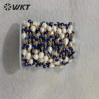 WT-RBC225 Wholesale New Arrival Exquisite Brass Chain Gold Plated Stone & Pearl Shell Shape Sell by Meter Handmade Metal Chain