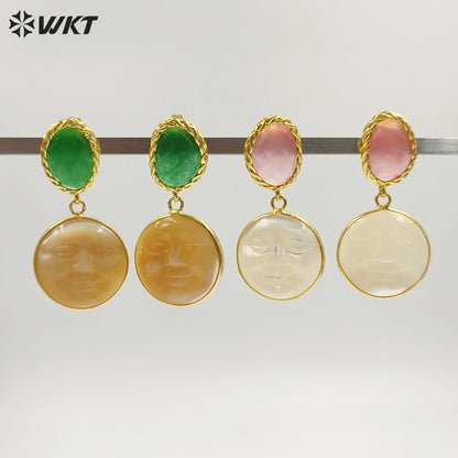 WT-MPE192 Unique Style Gold Plated Natural Jade And Shell Carved Face Shape Pendant Earrings For Female Special Party Gift