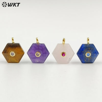 WT-P2060 Popular Trendy Round Zircon And Various Natural Gemstones Geometric Hexagon Pendants For Lady Necklace Handmade Jewelry
