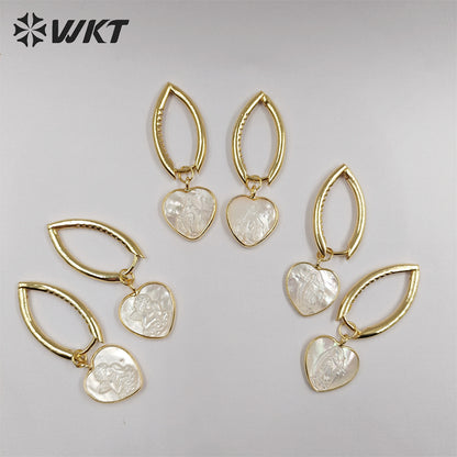 WT-MPE090 WKT Unique Gold Metal Long Hoop Natural Mop Heart Shell Earrings Religion Women Virgin Mary Earrings