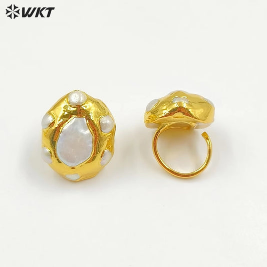 WT-MPR075 Women Natural Freshwater Pearl Teardrop Shape with 18K Real Gold Plated Fashion Wedding Anniversary Ring for Girl