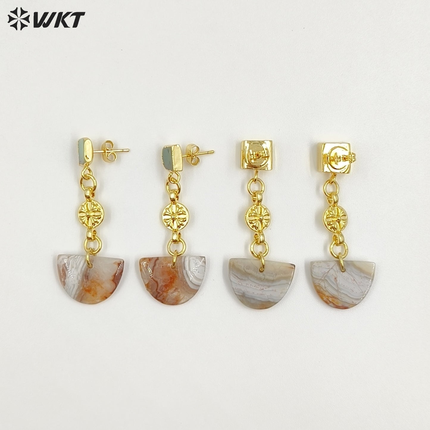 WT-E794 New Arrival Gold Plated Natural Mexico Agate And Chrysoprase Jade Semicircle Pendant Earrings For Girl Elegant Jewelry