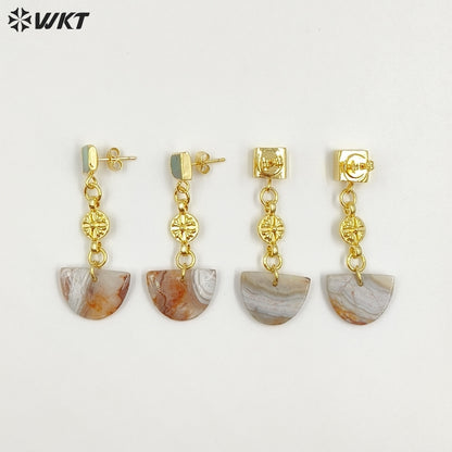 WT-E794 New Arrival Gold Plated Natural Mexico Agate And Chrysoprase Jade Semicircle Pendant Earrings For Girl Elegant Jewelry