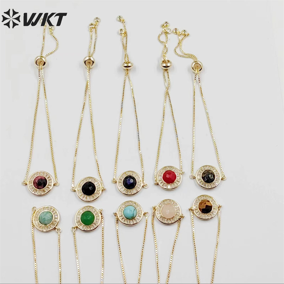 WT-B624 WKT Elegant Charming Round Micropaved Cubic Zircon Gold Bezel Stone Bracelet Adjustable Gold Double Connector Bracelet