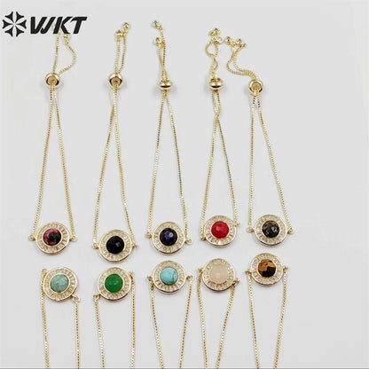 WT-B624 WKT Elegant Charming Round Micropaved Cubic Zircon Gold Bezel Stone Bracelet Adjustable Gold Double Connector Bracelet