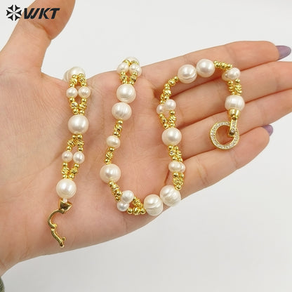 WT-JN376 16 Inch Luxury Simple Style 18K Gold Electroplated Beads And Natural Pearls Necklace For Lady Party Wearing Jewelry