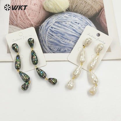 WT-MPE189 Amazing Gorgeous Natural White And Abalone Shell Gold Long Earrings For Female Party Wearing Jewelry Accessory