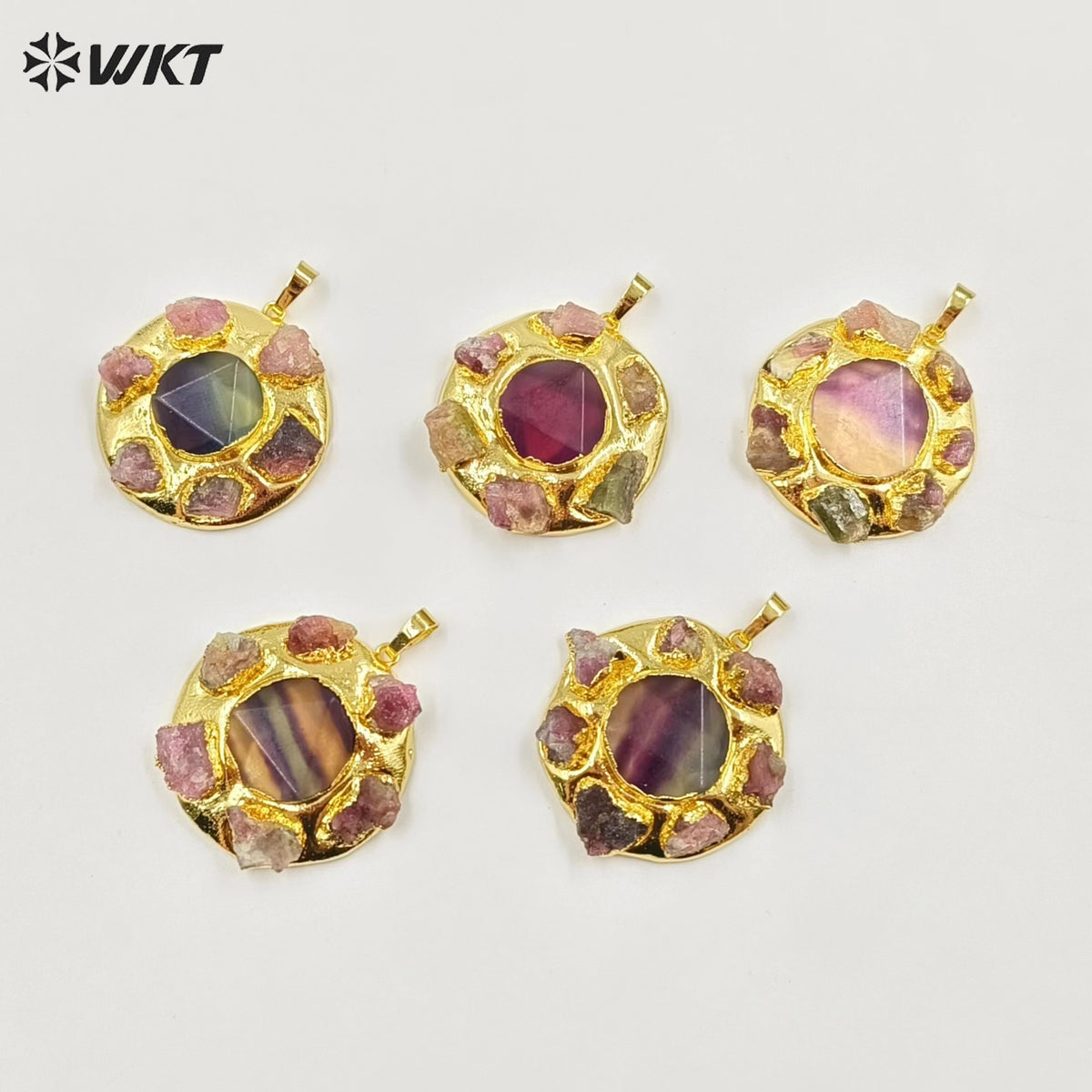 WT-P1942 Hot Sale Fashion Design Colorful NaturalTourmaline/Fluorite/Biwa Pearl High Quality for Necklace Round Pendant