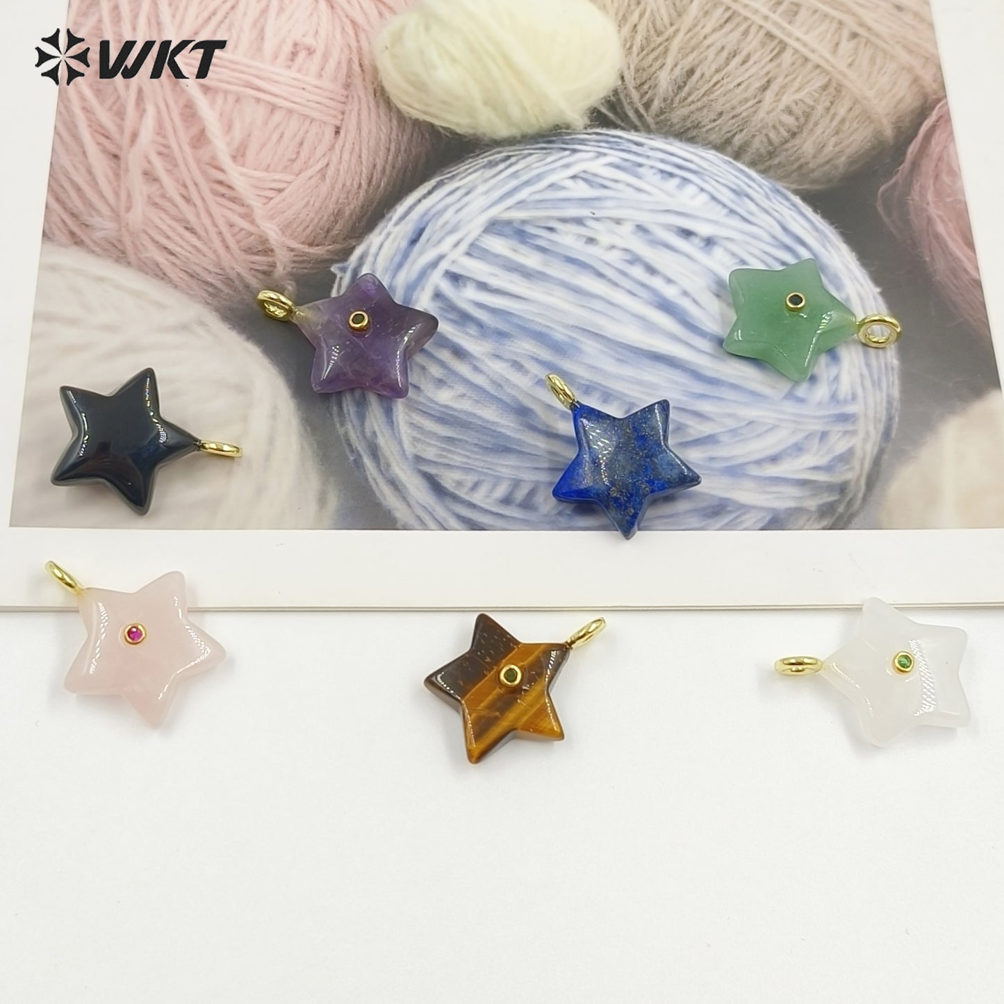 WT-P2099 Trendy Interesting Design Zircon And Natural Gemstones Star Shape Gold Charm Pendants For Lovely Necklace DIY Making