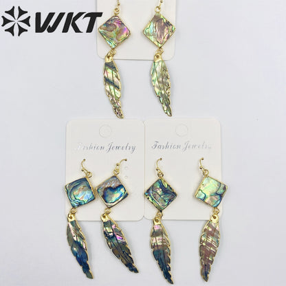 WT-E326 Wholesale 24K Gold Plated Square Abalone Shell Dangle Earring With Carved Abalone Shell Feather for Women