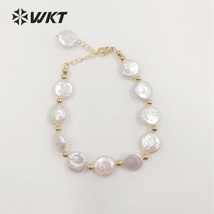 WT-MPB091 WKT New Design Delicate Round Coin Freshwater Pearl Bracelet 7Inch Long High Quality Pearl Beads Jewelry Bracelet