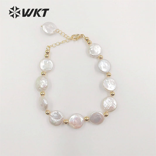 WT-MPB091 WKT New Design Delicate Round Coin Freshwater Pearl Bracelet 7Inch Long High Quality Pearl Beads Jewelry Bracelet