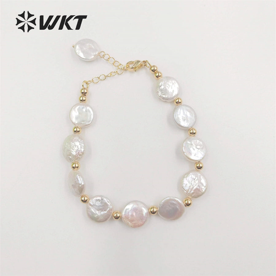 WT-MPB091 WKT New Design Delicate Round Coin Freshwater Pearl Bracelet 7Inch Long High Quality Pearl Beads Jewelry Bracelet