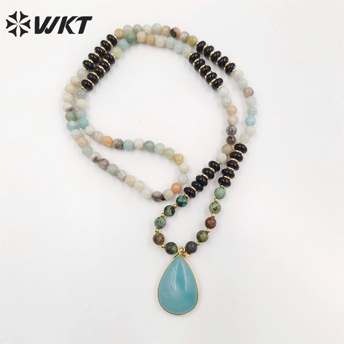 WT-N1416 Newest Attractive 6mm Long Natural Stone Beads Necklace in 28 Inch Genuine Amazonite Drop Pendant Necklace