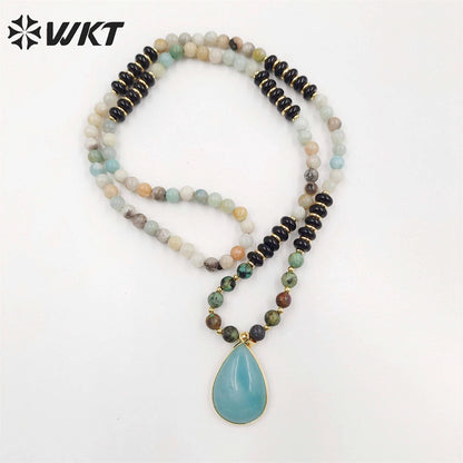 WT-N1416 Newest Attractive 6mm Long Natural Stone Beads Necklace in 28 Inch Genuine Amazonite Drop Pendant Necklace