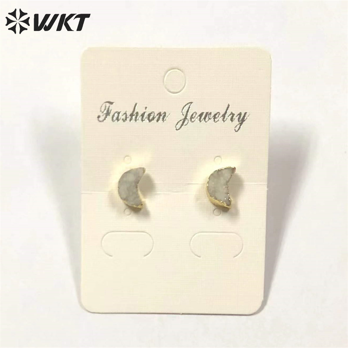 WT-E282 Design Lovely Natural Druzy Quartz Crescent Earring Colorful Tiny Moon Quartz Stud Earring With 24k Gold Electroplated