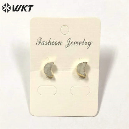 WT-E282 Design Lovely Natural Druzy Quartz Crescent Earring Colorful Tiny Moon Quartz Stud Earring With 24k Gold Electroplated