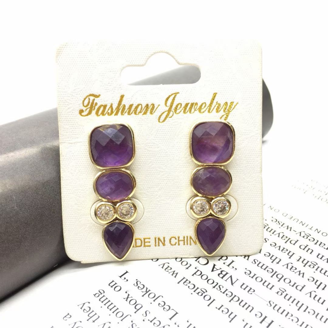 WT-E812 Newest Fashion Design Gold Plated Zircons And Three Natural Gemstones Drop Earrings As Lady Elegant Jewelry Gift