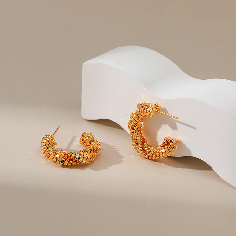WT-JFE99 Square Multi-layer Lines Irregular Versatile 18k Gold Plated Copper Plating c Shaped Hoops Trendy Earring Findings