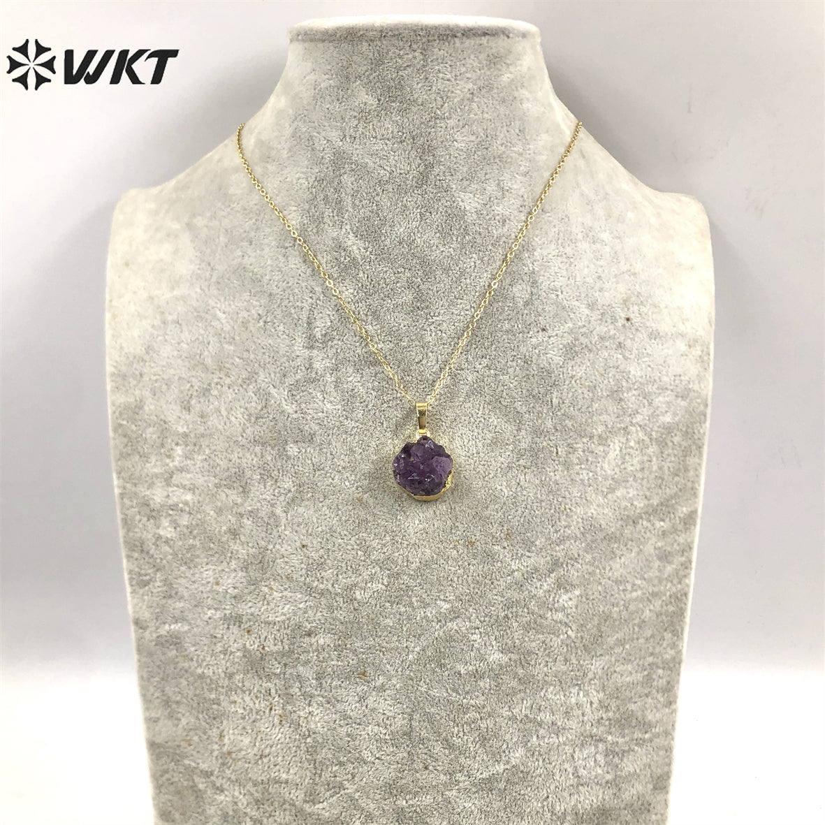 WT-N348 Wholesale Natural Round Druzy Amethyst Necklace, Hot Tiny Raw Amethyst Necklace With Gold Dipped