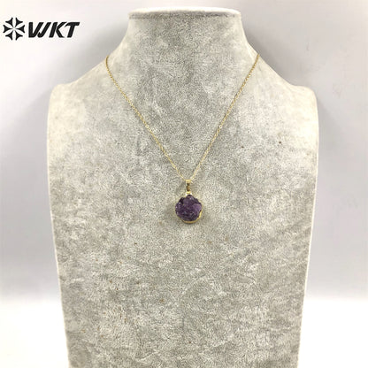 WT-N348 Wholesale Natural Round Druzy Amethyst Necklace, Hot Tiny Raw Amethyst Necklace With Gold Dipped