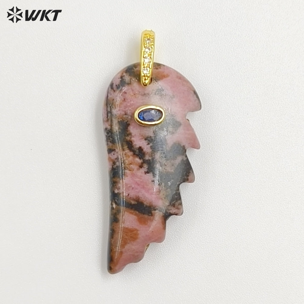 WT-P2061 Amazing Vaious Natural Gemstones And Zircon Carve Feather Shape Pendants As Female Cute Earrings DIY Accessory