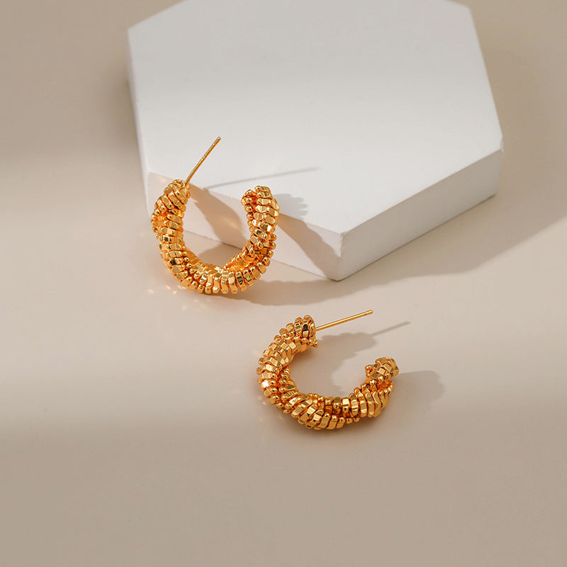 WT-JFE99 Square Multi-layer Lines Irregular Versatile 18k Gold Plated Copper Plating c Shaped Hoops Trendy Earring Findings