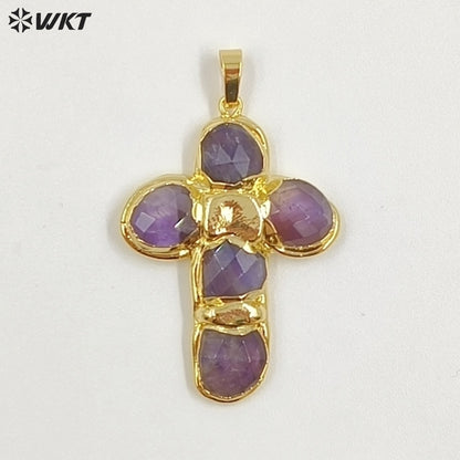 WT-P2027 Amazing Back Full Gold Plated Amazonite Multi Colors Natural Gemstones Cross Shape Pendants For Popular Necklace DIY