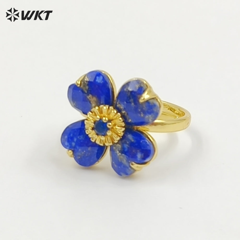 WT-R602 Gorgeous Design Gold Plated Zircon And Colorful Natural Gemstone Flower Shape Rings Adjustable For Party Wearing Jewelry