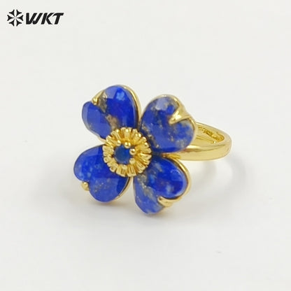 WT-R602 Gorgeous Design Gold Plated Zircon And Colorful Natural Gemstone Flower Shape Rings Adjustable For Party Wearing Jewelry