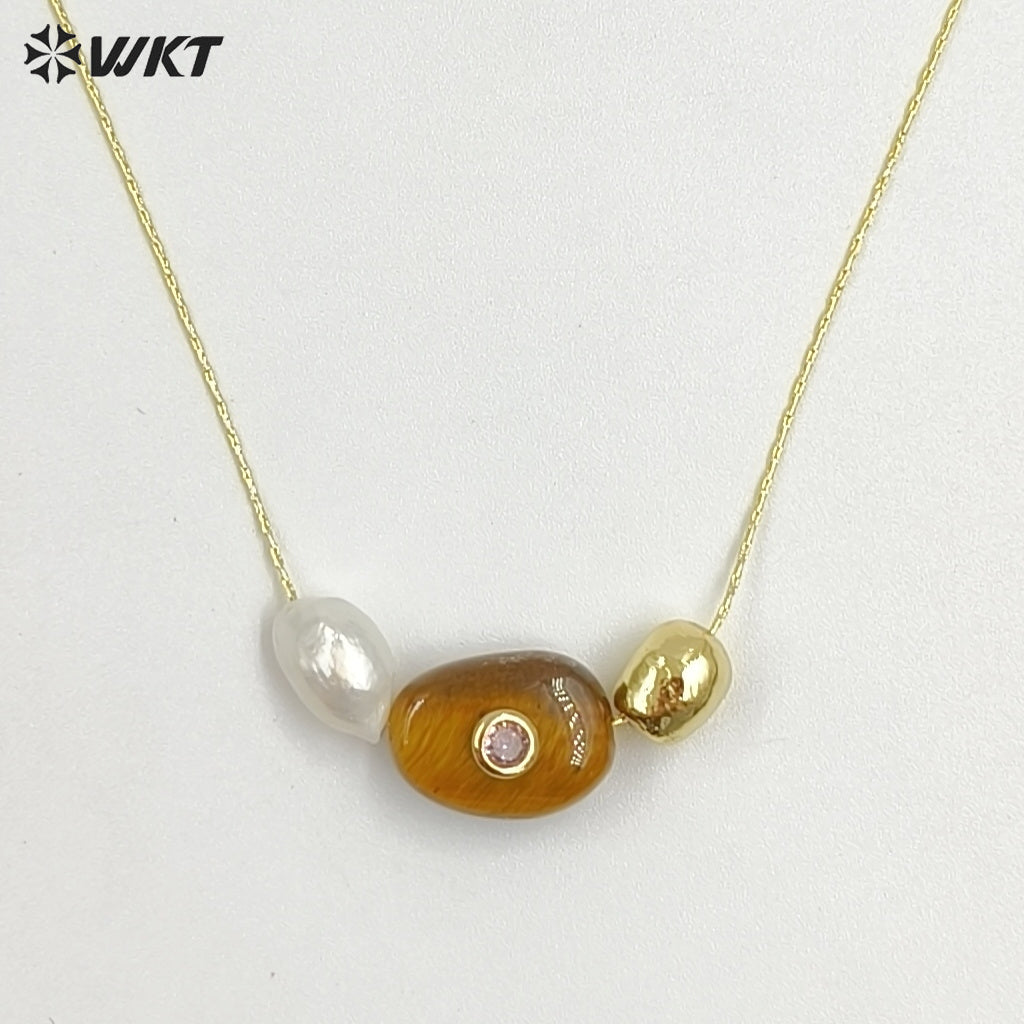 WT-N1541 Elegant Trendy Style Gold Electroplated Tiny Chain With Natural Gemstone And Pearl Pendant Necklace For Daily Wearing