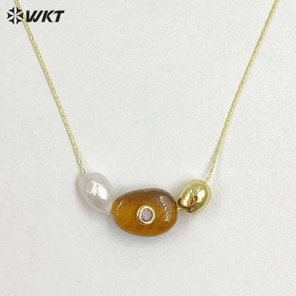 WT-N1541 Elegant Trendy Style Gold Electroplated Tiny Chain With Natural Gemstone And Pearl Pendant Necklace For Daily Wearing