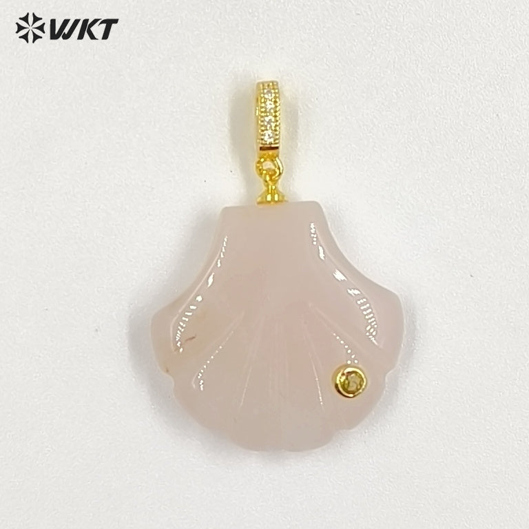 WT-P2097 Lovely Design Natural Gemstones And Colorful Zircon Hand Carved Shell Shape Little Pendants For Female Jewelry DIY