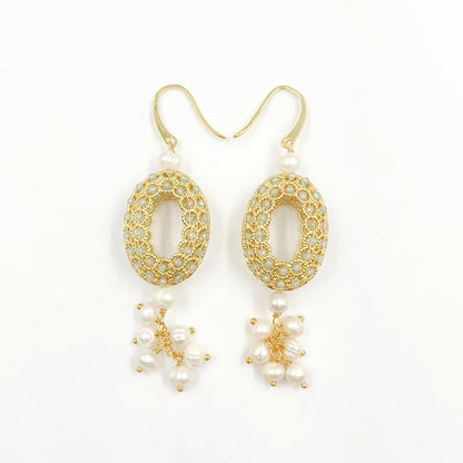 WT-MPE108 Latest Style Regular Natural Pearl and Stone 18k Gold Plated Oval Shaped 81*20mm Romantic Pendant Earrings
