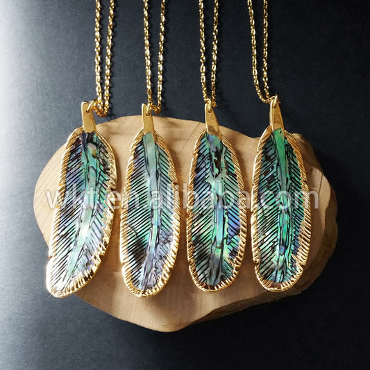 WT-N571 Wholesale Natural Abalone Shell Feather Necklace, Fashion Chic Abalone Feather Necklace