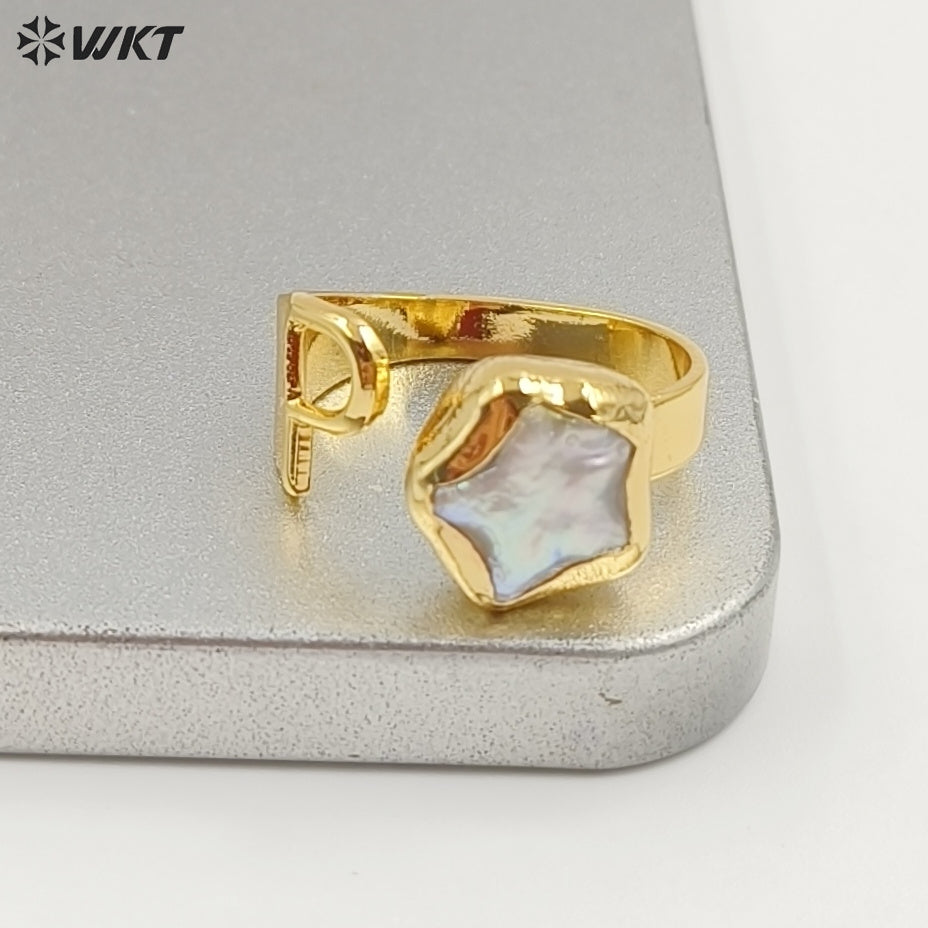 WT-MPR158 Newest Unique Design Gold Electroplated Natural Freshwater Pearl Letter And Star Shape Rings For Women Daily Matching