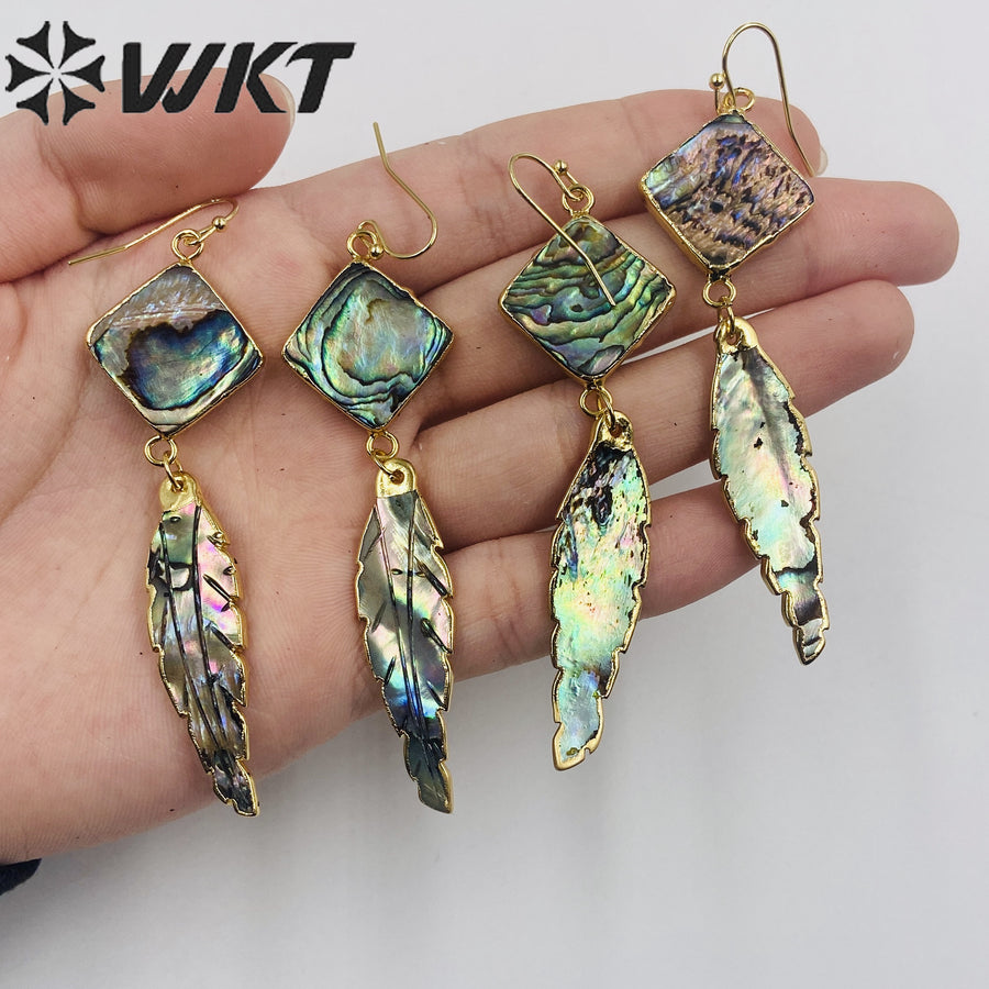 WT-E326 Wholesale 24K Gold Plated Square Abalone Shell Dangle Earring With Carved Abalone Shell Feather for Women