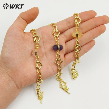 WT-B717 Exclusive Lovely Gold Plated Yellow Brass Heart Star Chain With Natural Gemstones Charms Bracelets As Friends Gift
