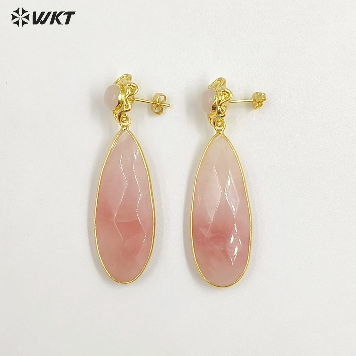 WT-E792 New Design Gold Plated Natural Small Gemstones And Pink Crystal Long Waterdrop Shape Earrings As Women Romantic Gift