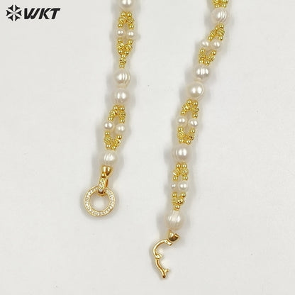 WT-JN376 16 Inch Luxury Simple Style 18K Gold Electroplated Beads And Natural Pearls Necklace For Lady Party Wearing Jewelry